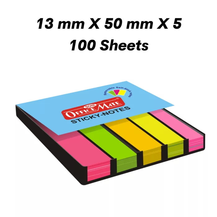 Sticky Note Pads Fluorescent Paper 13mm x 50mm x 5  100 sheets - Pack of 1
