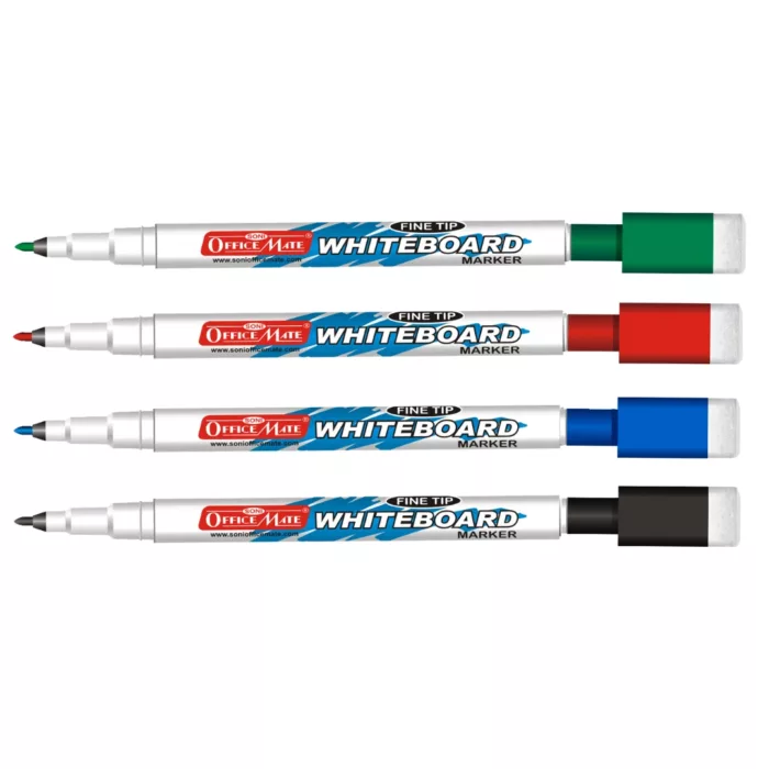 Fine Tip Whiteboard Marker with Duster On Cap - Pack of 4 (Assorted colour)