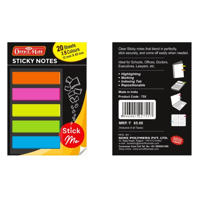 Transparent Sticky Notes (12mm X 45mm X 20 Sheets X 5 Colors), Bookmarks, Text Highlighter